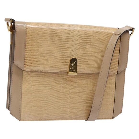 SAINT LAURENT Embossing Shoulder Bag Leather Beige Gold Auth 137993 - Picture 1 of 16